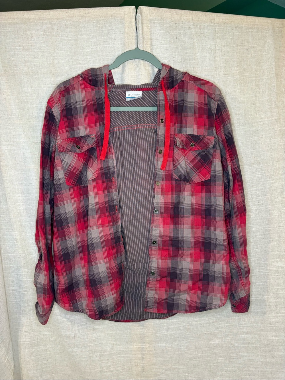Columbia Pink and Gray Plaid Hooded Button-Down Shirt